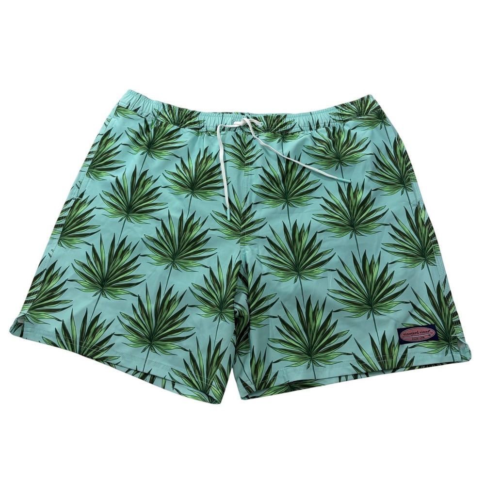 Vineyard Vines Mens XL Palm Leaf Print Swim Trunks Blue Green 6" Inseam Board